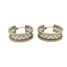 Load image into Gallery viewer, Bring contrast and elegant detail to your collection with these pre-owned 9ct yellow and white gold open weave creole earrings—a refined design with timeless appeal.

Design: Each earring features an open weave hoop pattern, blending yellow and white gold for a textured and eye-catching look.
Material: Made from 9-carat yellow and white gold, the brushed finish enhances the interplay of tones and highlights the intricate weave.
