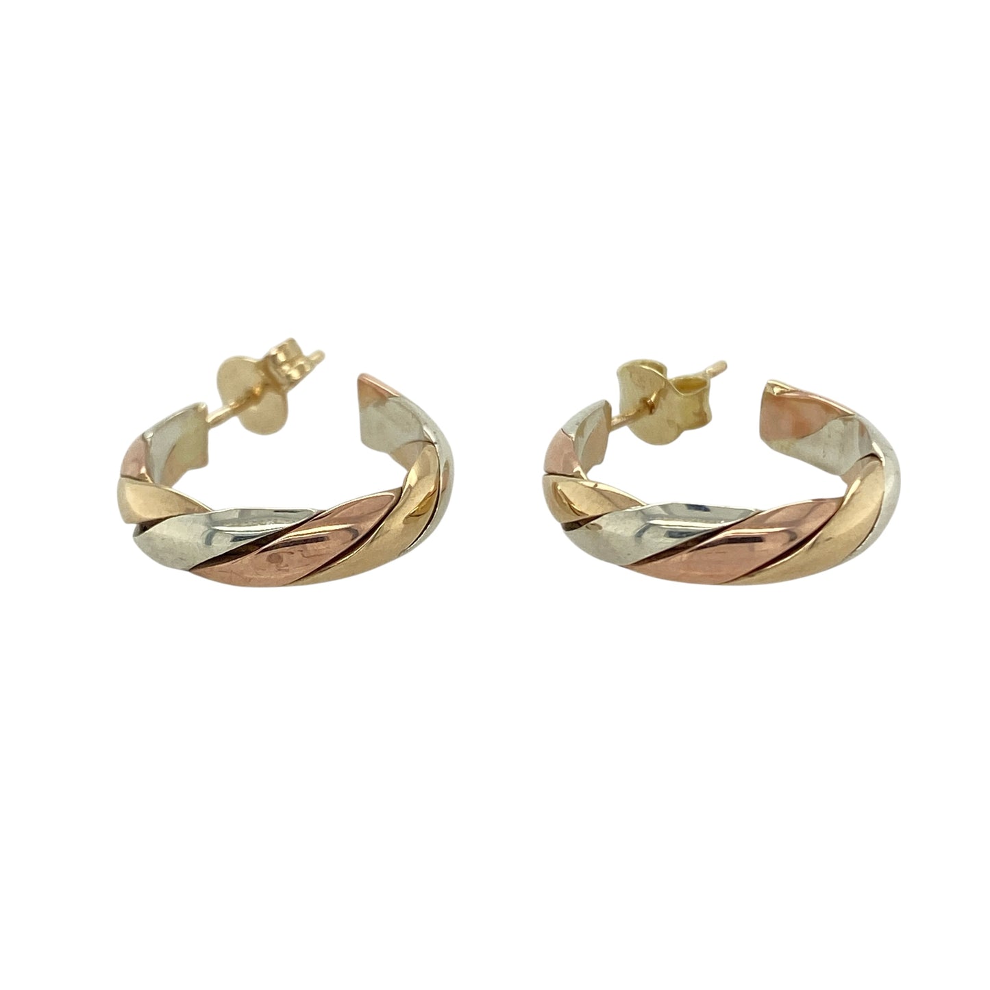 Bring rich tones and elegant detail to your collection with these pre-owned 9ct yellow, white and rose gold twisted half hoop stud earrings—a timeless design with a modern three-colour finish.

Design: Each earring features a half hoop style with a twisted pattern, blending yellow, white and rose gold for a striking tricolour effect.
Material: Made from 9-carat yellow, white and rose gold, the polished finish enhances the warm, cool and blush tones for a refined look.