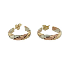 Load image into Gallery viewer, Bring rich tones and elegant detail to your collection with these pre-owned 9ct yellow, white and rose gold twisted half hoop stud earrings—a timeless design with a modern three-colour finish.

Design: Each earring features a half hoop style with a twisted pattern, blending yellow, white and rose gold for a striking tricolour effect.
Material: Made from 9-carat yellow, white and rose gold, the polished finish enhances the warm, cool and blush tones for a refined look.

