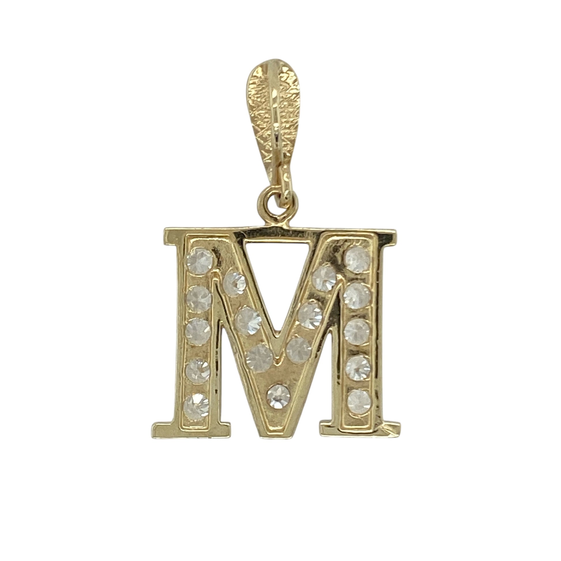 Bring sparkle and personal charm to your collection with this pre-owned 9ct yellow and white gold cubic zirconia ‘M’ initial pendant—a meaningful design with elegant detail.

Design: The pendant showcases the letter ‘M’, accented with brilliant cubic zirconia stones for added sparkle and definition.
Material: Made from 9-carat yellow and white gold, the polished finish enhances the contrast of tones and complements the brilliance of the stones.