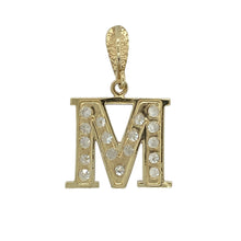 Load image into Gallery viewer, Bring sparkle and personal charm to your collection with this pre-owned 9ct yellow and white gold cubic zirconia ‘M’ initial pendant—a meaningful design with elegant detail.

Design: The pendant showcases the letter ‘M’, accented with brilliant cubic zirconia stones for added sparkle and definition.
Material: Made from 9-carat yellow and white gold, the polished finish enhances the contrast of tones and complements the brilliance of the stones.
