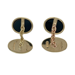 Bring sophistication and bold contrast to your collection with these pre-owned 9ct yellow gold and onyx oval cufflinks—a timeless accessory with refined detail.

Design: Each cufflink features an oval onyx stone measuring 14mm by 11mm, set in polished yellow gold for a sleek and elegant look.
Material: Made from 9-carat yellow gold, the polished finish enhances the warm tone of the gold and complements the deep black of the onyx.