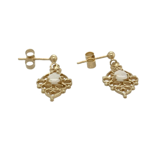 Bring graceful colour and elegant movement to your collection with these pre-owned 9ct yellow gold opalique drop earrings—a refined design with timeless appeal.

Design: Each earring features a 6mm by 4mm teardrop-shaped opalique stone, suspended in a fancy drop style for a delicate and eye-catching look.
Material: Made from 9-carat yellow gold, the polished finish enhances the warm tone and complements the iridescent hues of the opalique.