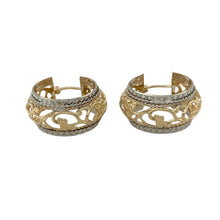 Load image into Gallery viewer, Bring bold contrast and elegant detail to your collection with these pre-owned 9ct yellow and white gold fancy patterned hoop creole earrings—a striking design with timeless appeal.

Design: Each earring features a wide open hoop with intricate fancy patterning, combining yellow and white gold for added depth and style.
Material: Made from 9-carat yellow and white gold, the polished finish enhances the warm and cool tones while highlighting the decorative detailing.
