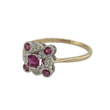 Load image into Gallery viewer, Bring vintage elegance and vibrant colour to your collection with this pre-owned 9ct yellow and white gold diamond and ruby cluster ring—an Art Deco-inspired design with timeless appeal.

Design: The ring features a central square ruby measuring approximately 3.5mm by 3.5mm, framed by a cluster of sparkling diamonds and rubies in a 9mm high setting for a bold geometric look.
