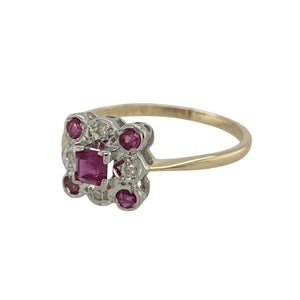 Bring vintage elegance and vibrant colour to your collection with this pre-owned 9ct yellow and white gold diamond and ruby cluster ring—an Art Deco-inspired design with timeless appeal.

Design: The ring features a central square ruby measuring approximately 3.5mm by 3.5mm, framed by a cluster of sparkling diamonds and rubies in a 9mm high setting for a bold geometric look.