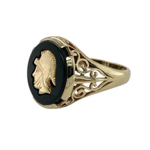 Load image into Gallery viewer, Bring bold contrast and timeless appeal to your collection with this pre-owned 9ct yellow gold signet ring, featuring a polished oval onyx for a strong and sophisticated look.

Design: The ring showcases a 14mm by 12mm oval-shaped onyx, creating a striking centrepiece with smooth, deep-black appeal.
Material: Made from 9-carat yellow gold, the polished finish enhances the warmth of the gold while complementing the rich tones of the onyx.

