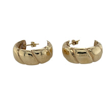 Load image into Gallery viewer, Bring bold style and golden shine to your collection with these pre-owned 9ct yellow gold half hoop earrings, offering a statement look in a classic design.

Design: Each earring features a large half hoop shape with a smooth polished surface, creating a sleek and versatile style.
Material: Made from 9-carat yellow gold, the polished finish enhances the warm tone and reflective shine.
