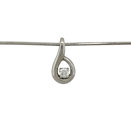 Bring subtle sparkle and modern elegance to your collection with this pre-owned 9ct white gold pendant necklace, styled on a 16" snake chain for a sleek finish.

Design: The pendant measures 1.5cm long and holds a single 3mm round cubic zirconia, adding a touch of brilliance to the minimalist design.
Material: Made from 9-carat white gold, the polished finish enhances the cool tone and contemporary look.