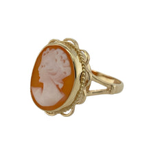 Load image into Gallery viewer, Bring vintage charm and timeless character to your collection with this pre-owned 9ct yellow gold ring, featuring an elegant oval cameo design.

Design: The ring showcases a 15mm by 12mm oval cameo, offering refined detail and classic appeal in a traditional style.
Material: Made from 9-carat yellow gold, the polished finish enhances the warm tone and frames the cameo beautifully.
Ring Detail: The cameo centre adds antique-inspired elegance, making this ring a distinctive and collectable piece.
