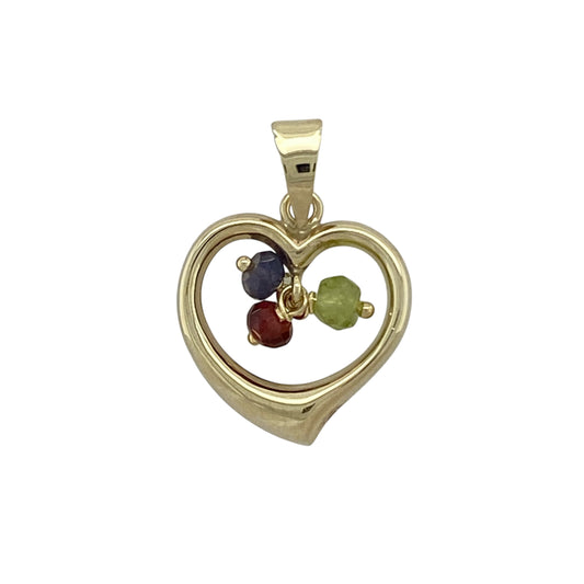 9ct Gold & Green Red and Purple Beaded Open Heart Pendant