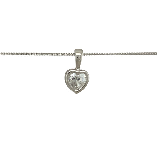 Bring delicate sparkle and modern elegance to your collection with this pre-owned 9ct white gold necklace, featuring a cubic zirconia set heart pendant on a fine curb chain.

Design: The pendant measures 1.2cm long including the bail and is styled as a heart motif set with cubic zirconia, adding brilliance and charm.
Material: Made from 9-carat white gold, the polished finish enhances the cool tone and complements the sparkle of the stones.