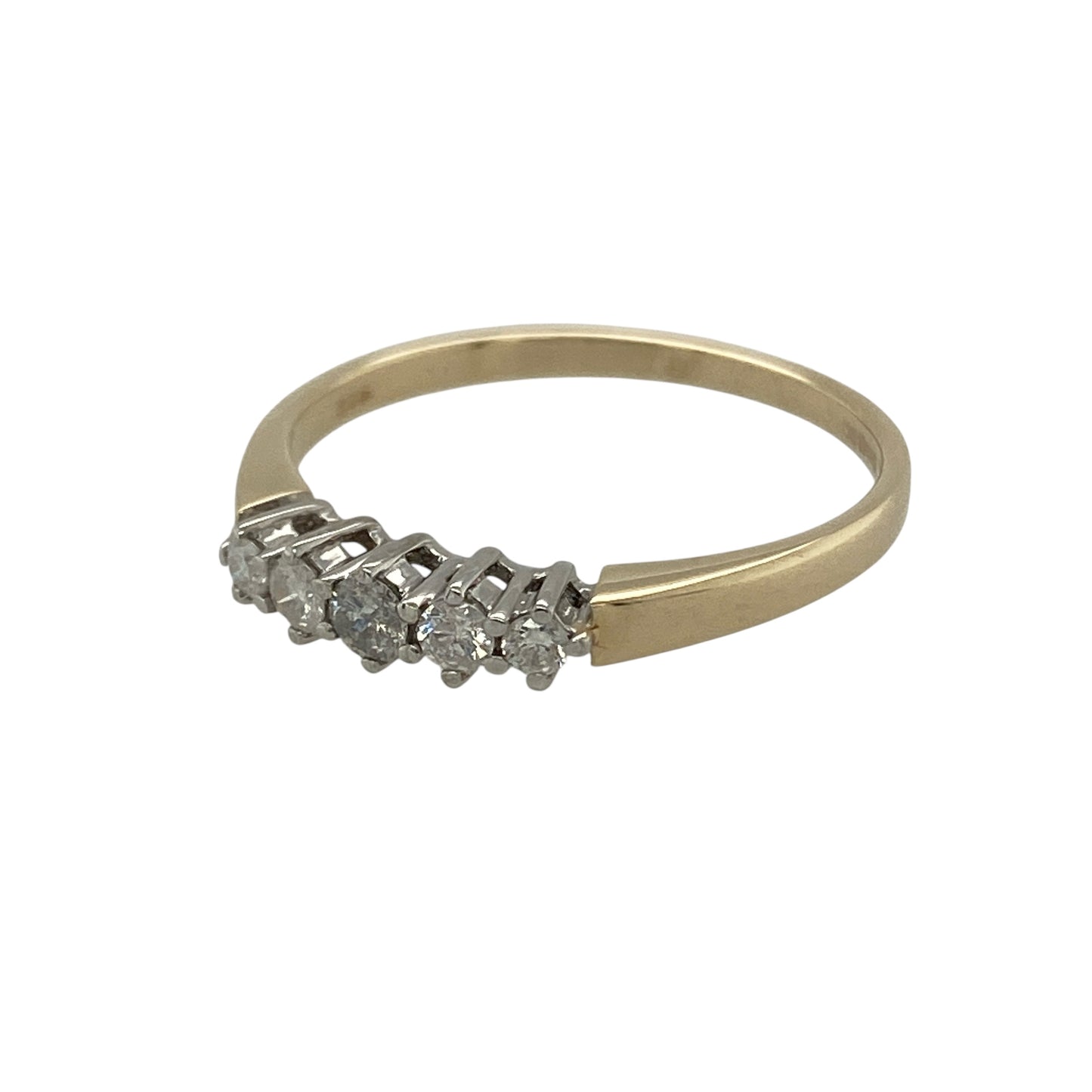 Bring classic sparkle and timeless elegance to your collection with this pre-owned 9ct yellow gold band ring, styled with five brilliant-cut diamonds.

Design: The band is set with five sparkling diamonds across the front, totalling approximately 0.25ct, creating a refined and balanced look.
Material: Made from 9-carat yellow gold, the polished finish enhances the warm tone and provides a luxurious backdrop for the stones.
