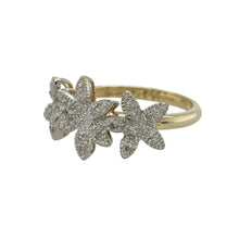Load image into Gallery viewer, Bring sparkle and floral elegance to your collection with this pre-owned 9ct yellow and white gold trilogy ring, styled with diamond-set flower motifs.

Design: The front of the ring measures 11mm high and features three diamond-set flowers arranged in a trilogy style, creating a bright and eye-catching look.
Material: Made from 9-carat yellow and white gold, the polished finish enhances the contrast between the two tones and highlights the sparkle of the diamonds.
