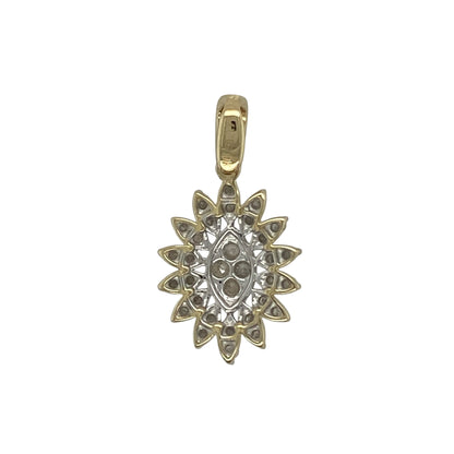 Bring refined sparkle and elegant design to your collection with this pre-owned 9ct yellow gold pendant, styled in a marquise-shaped diamond cluster.

Design: The pendant features a marquise-shaped arrangement of diamonds, creating a graceful cluster design with timeless appeal.
Material: Made from 9-carat yellow gold, the polished finish enhances the warm tone and highlights the brilliance of the diamonds.