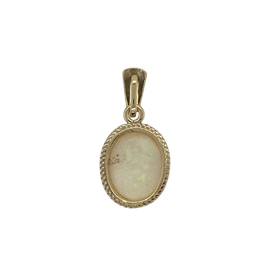 Bring soft colour and timeless charm to your collection with this pre-owned 9ct yellow gold pendant, featuring an oval opalique stone.

Design: The pendant showcases a 10mm by 8mm oval opalique, displaying gentle iridescence for a refined and elegant look.
Material: Made from 9-carat yellow gold, the polished finish enhances the warm tone and frames the opalique beautifully. 