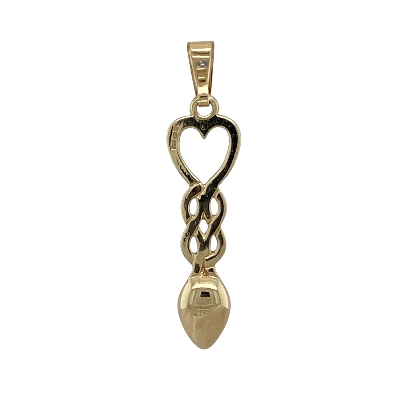Celebrate love and heritage with this pre-owned 9ct yellow gold Celtic knot heart lovespoon pendant, a meaningful design symbolising unity, affection, and tradition.

Design: The pendant features an intricate Celtic knot heart combined with a lovespoon motif, representing eternal love and cherished connection.
Material: Made in 9-carat yellow gold, the polished finish enhances the detailed craftsmanship and gives a warm golden glow. 