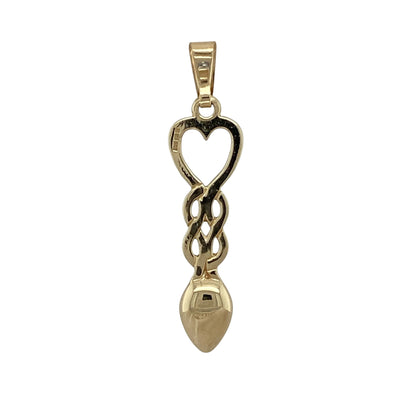 Celebrate love and heritage with this pre-owned 9ct yellow gold Celtic knot heart lovespoon pendant, a meaningful design symbolising unity, affection, and tradition.

Design: The pendant features an intricate Celtic knot heart combined with a lovespoon motif, representing eternal love and cherished connection.
Material: Made in 9-carat yellow gold, the polished finish enhances the detailed craftsmanship and gives a warm golden glow. 