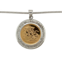 Load image into Gallery viewer, Combine timeless heritage and refined sparkle with this pre-owned 9ct white gold diamond half sovereign mount pendant, set with a 22ct gold 2003 Queen Elizabeth II half sovereign and paired with an 18&quot; curb chain.

Design: The pendant features a 3.6cm long mount, including the bail, crafted to hold a 2003 Queen Elizabeth II half sovereign, framed with sparkling diamonds for a luxurious finish.
