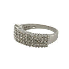 Load image into Gallery viewer, Bring refined sparkle to your collection with this pre-owned 9ct white gold diamond four row band ring, a versatile design with timeless appeal.

Design: The ring features a 6mm wide band with four rows of diamonds across the front, offering brilliance and balance in a sleek style.
Material: Made in 9-carat white gold, the polished finish provides a bright, modern backdrop that enhances the radiance of the diamonds.
