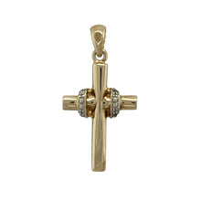Load image into Gallery viewer, Celebrate faith and style with this pre-owned 9ct yellow gold diamond cross pendant, accented by a white gold crossover detail for added elegance.

Design: The pendant features a classic cross motif, enhanced with sparkling diamonds and a distinctive white gold “X” crossover at the centre.
Material: Made in 9-carat yellow gold with a white gold accent, the polished finish highlights both the warmth of the gold and the brilliance of the diamonds.
