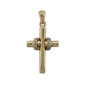 Celebrate faith and style with this pre-owned 9ct yellow gold diamond cross pendant, accented by a white gold crossover detail for added elegance.

Design: The pendant features a classic cross motif, enhanced with sparkling diamonds and a distinctive white gold “X” crossover at the centre.
Material: Made in 9-carat yellow gold with a white gold accent, the polished finish highlights both the warmth of the gold and the brilliance of the diamonds.