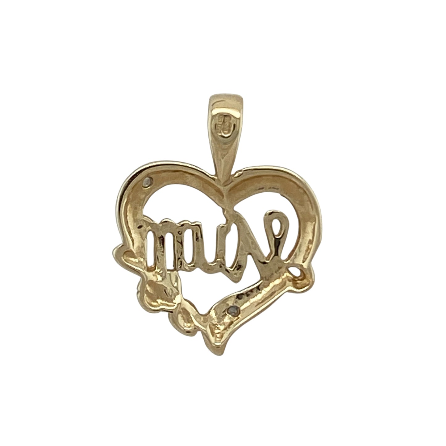 Celebrate love and family with this pre-owned 9ct yellow gold diamond “Mum” heart pendant, a meaningful design with a touch of sparkle.

Design: The pendant features an open heart with the word “Mum” across the centre, accented with diamonds for added brilliance.
Material: Made in 9-carat yellow gold, the polished finish enhances the warm golden tone and the radiance of the diamonds.
Pendant Detail: Lightweight and sentimental, this piece is perfect for everyday wear or as a treasured keepsake.