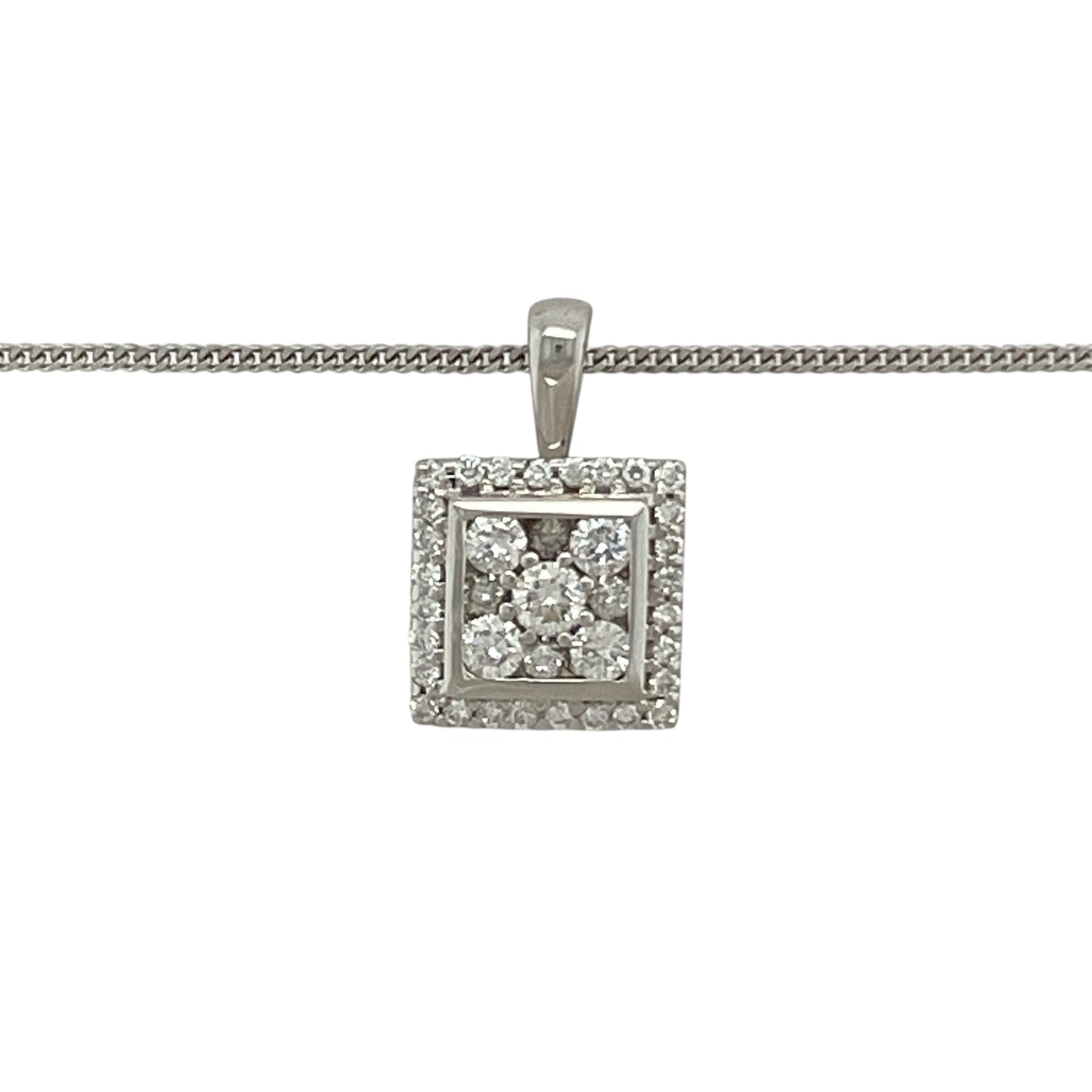 Bring refined sparkle to your collection with this pre-owned 18ct white gold diamond square halo pendant, paired with a 16" fine curb chain for timeless elegance.

Design: The pendant measures 1.5cm long including the bail and features a square halo design, made up of brilliant-cut diamonds for maximum radiance.
Material: Made in 18-carat white gold, the polished finish provides a bright, modern backdrop that enhances the brilliance of the diamonds.