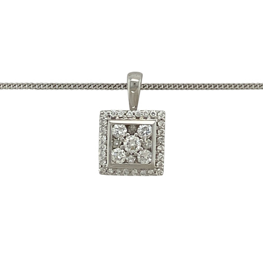 Bring refined sparkle to your collection with this pre-owned 18ct white gold diamond square halo pendant, paired with a 16" fine curb chain for timeless elegance.

Design: The pendant measures 1.5cm long including the bail and features a square halo design, made up of brilliant-cut diamonds for maximum radiance.
Material: Made in 18-carat white gold, the polished finish provides a bright, modern backdrop that enhances the brilliance of the diamonds.