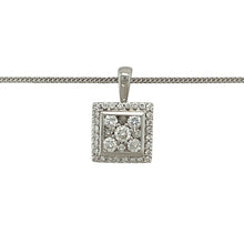 Load image into Gallery viewer, Bring refined sparkle to your collection with this pre-owned 18ct white gold diamond square halo pendant, paired with a 16&quot; fine curb chain for timeless elegance.

Design: The pendant measures 1.5cm long including the bail and features a square halo design, made up of brilliant-cut diamonds for maximum radiance.
Material: Made in 18-carat white gold, the polished finish provides a bright, modern backdrop that enhances the brilliance of the diamonds.
