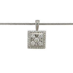 Bring refined sparkle to your collection with this pre-owned 18ct white gold diamond square halo pendant, paired with a 16" fine curb chain for timeless elegance.

Design: The pendant measures 1.5cm long including the bail and features a square halo design, made up of brilliant-cut diamonds for maximum radiance.
Material: Made in 18-carat white gold, the polished finish provides a bright, modern backdrop that enhances the brilliance of the diamonds.