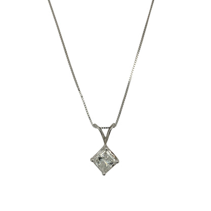 14ct White Gold & Diamond Set Princess Cut Solitaire 18" Necklace