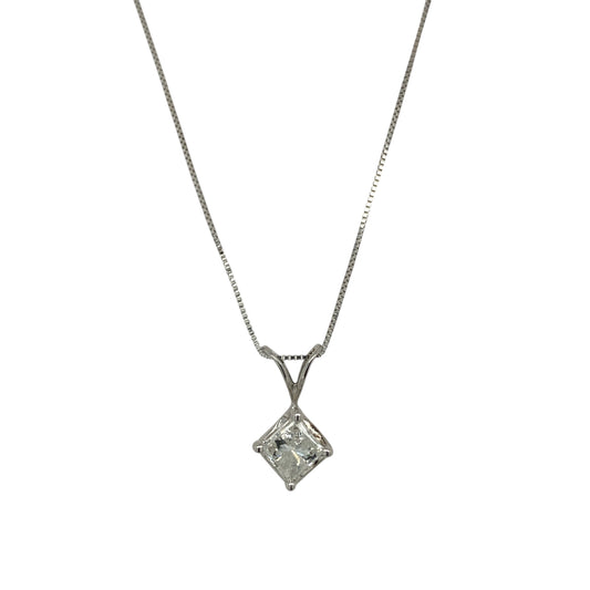 14ct White Gold & Diamond Set Princess Cut Solitaire 18" Necklace