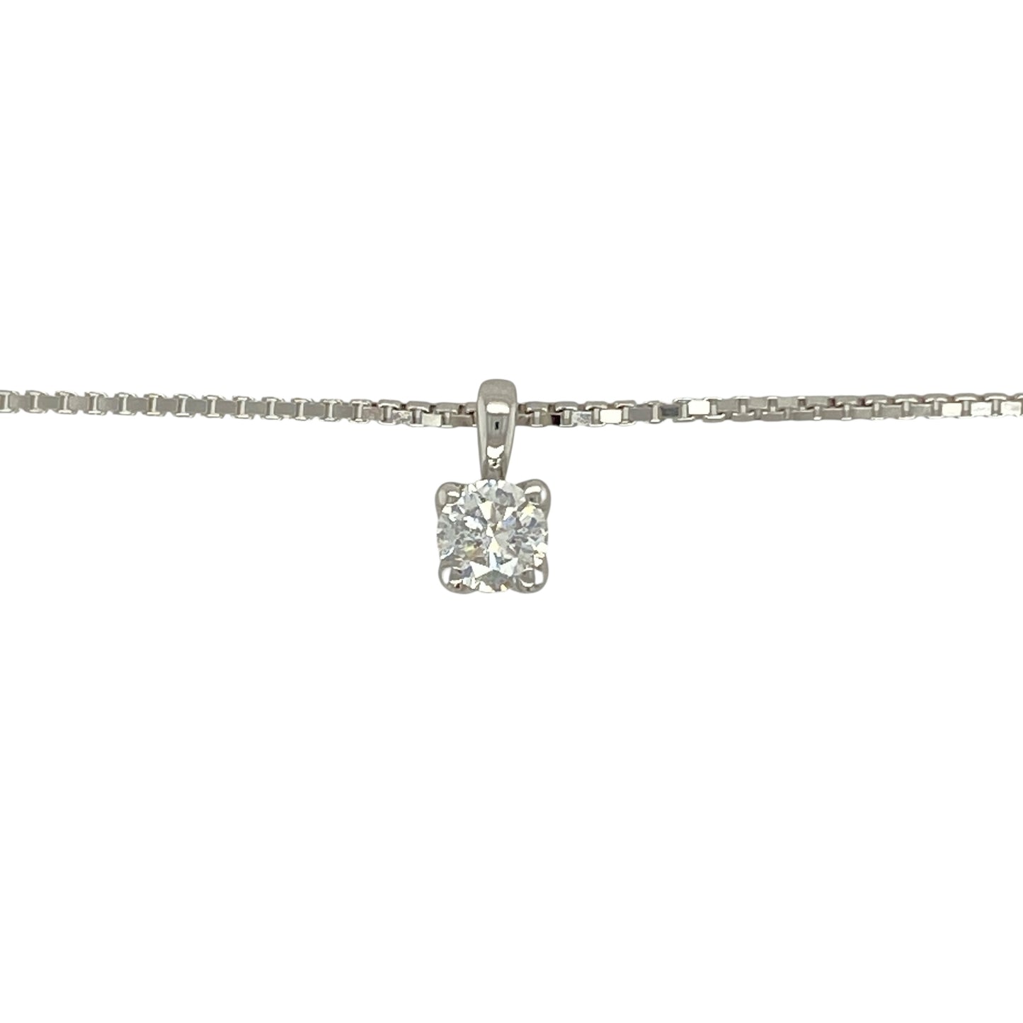 Celebrate classic sophistication with this pre-owned 18ct white gold diamond solitaire pendant, paired with an 18" box chain for timeless elegance.

Design: The pendant measures 1cm long including the bail and features a brilliant-cut diamond of approximately 0.50ct in a traditional solitaire style.
Material: Made in 18-carat white gold, the polished finish provides a bright, modern setting that enhances the diamond’s sparkle.