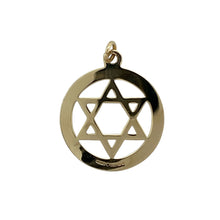 Load image into Gallery viewer, Bring celestial charm to your collection with this pre-owned 9ct gold star in circle pendant, a delicate piece with timeless appeal.

Design: The pendant features a patterned star enclosed within a circular frame, creating a symbolic and eye-catching design. The pendant measures 21mm in diameter, with a bail opening of approximately 3mm inside for chain compatibility.
Material: Made in 9-carat gold, the polished finish enhances the warm golden tone and highlights the detailed pattern.
