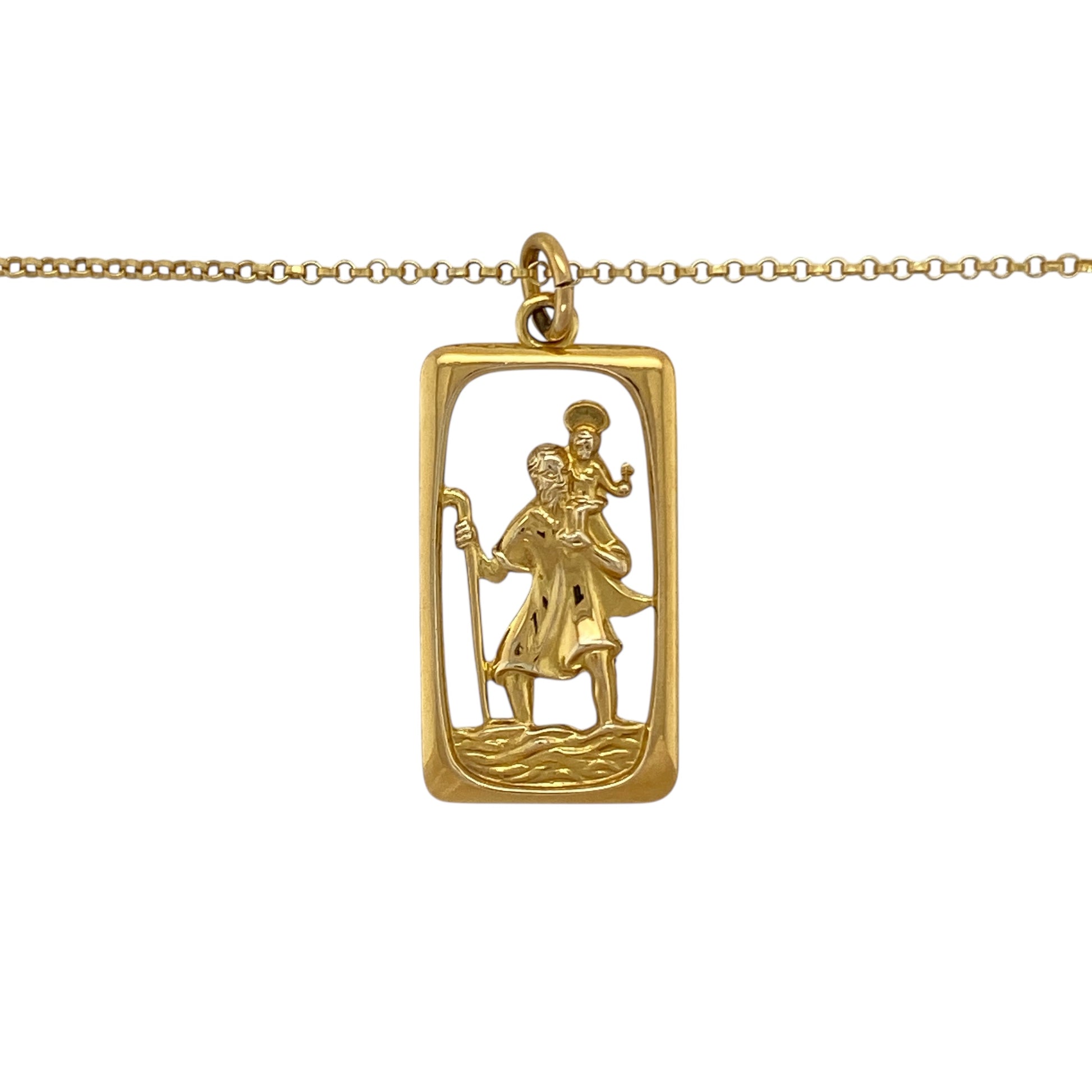 Carry a symbol of protection and faith with this pre-owned 9ct yellow gold St Christopher pendant, paired with a 19" belcher chain for a timeless and meaningful look.

Design: The pendant features a large rectangular St Christopher motif, measuring 3.3cm long including the bail, traditionally worn as a token of safe travel and guidance.
Material: Made in 9-carat yellow gold, the polished finish enhances the fine detail of the design and provides a warm golden tone.