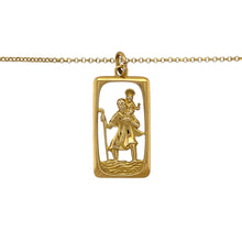 Load image into Gallery viewer, Carry a symbol of protection and faith with this pre-owned 9ct yellow gold St Christopher pendant, paired with a 19&quot; belcher chain for a timeless and meaningful look.

Design: The pendant features a large rectangular St Christopher motif, measuring 3.3cm long including the bail, traditionally worn as a token of safe travel and guidance.
Material: Made in 9-carat yellow gold, the polished finish enhances the fine detail of the design and provides a warm golden tone.
