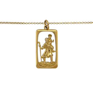 Carry a symbol of protection and faith with this pre-owned 9ct yellow gold St Christopher pendant, paired with a 19" belcher chain for a timeless and meaningful look.

Design: The pendant features a large rectangular St Christopher motif, measuring 3.3cm long including the bail, traditionally worn as a token of safe travel and guidance.
Material: Made in 9-carat yellow gold, the polished finish enhances the fine detail of the design and provides a warm golden tone.