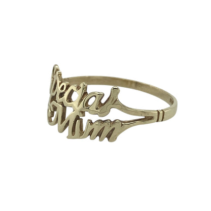 Celebrate love and appreciation with this pre-owned 9ct yellow gold “Mum” ring, a meaningful piece that combines sentiment and style—perfect as a treasured keepsake or thoughtful gift.

Design: The ring features the word “Mum” across the front, measuring 9mm high, creating a bold and heartfelt design.
Material: Made from 9-carat yellow gold, the polished finish highlights the lettering and adds a classic warmth to the piece.