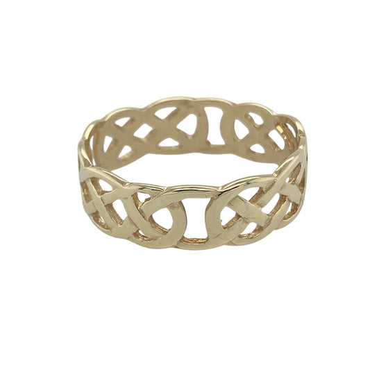 Bring timeless symbolism and intricate design to your collection with this pre-owned 9ct yellow gold open Celtic knot band ring, a meaningful style that blends tradition with enduring elegance.

Design: The band features an open Celtic knot pattern, 7mm wide, showcasing detailed interlacing that represents unity and eternity.
Material: Made from 9-carat yellow gold, the polished finish enhances the intricate openwork, giving the ring a warm and refined appearance.