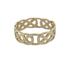 Load image into Gallery viewer, Bring timeless symbolism and intricate design to your collection with this pre-owned 9ct yellow gold open Celtic knot band ring, a meaningful style that blends tradition with enduring elegance.

Design: The band features an open Celtic knot pattern, 7mm wide, showcasing detailed interlacing that represents unity and eternity.
Material: Made from 9-carat yellow gold, the polished finish enhances the intricate openwork, giving the ring a warm and refined appearance.
