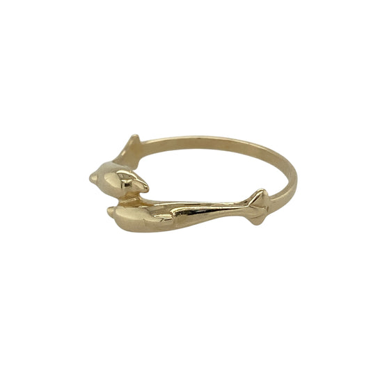 Bring playful charm and symbolic meaning to your collection with this pre-owned 9ct yellow gold double dolphin wrap-around ring, a light and distinctive design with timeless appeal.

Design: The ring features two dolphins wrapping around the band, with the front measuring 5mm wide, creating a lively and characterful look.
Material: Made from 9-carat yellow gold, the polished finish enhances the smooth detailing of the dolphins while adding a warm glow.