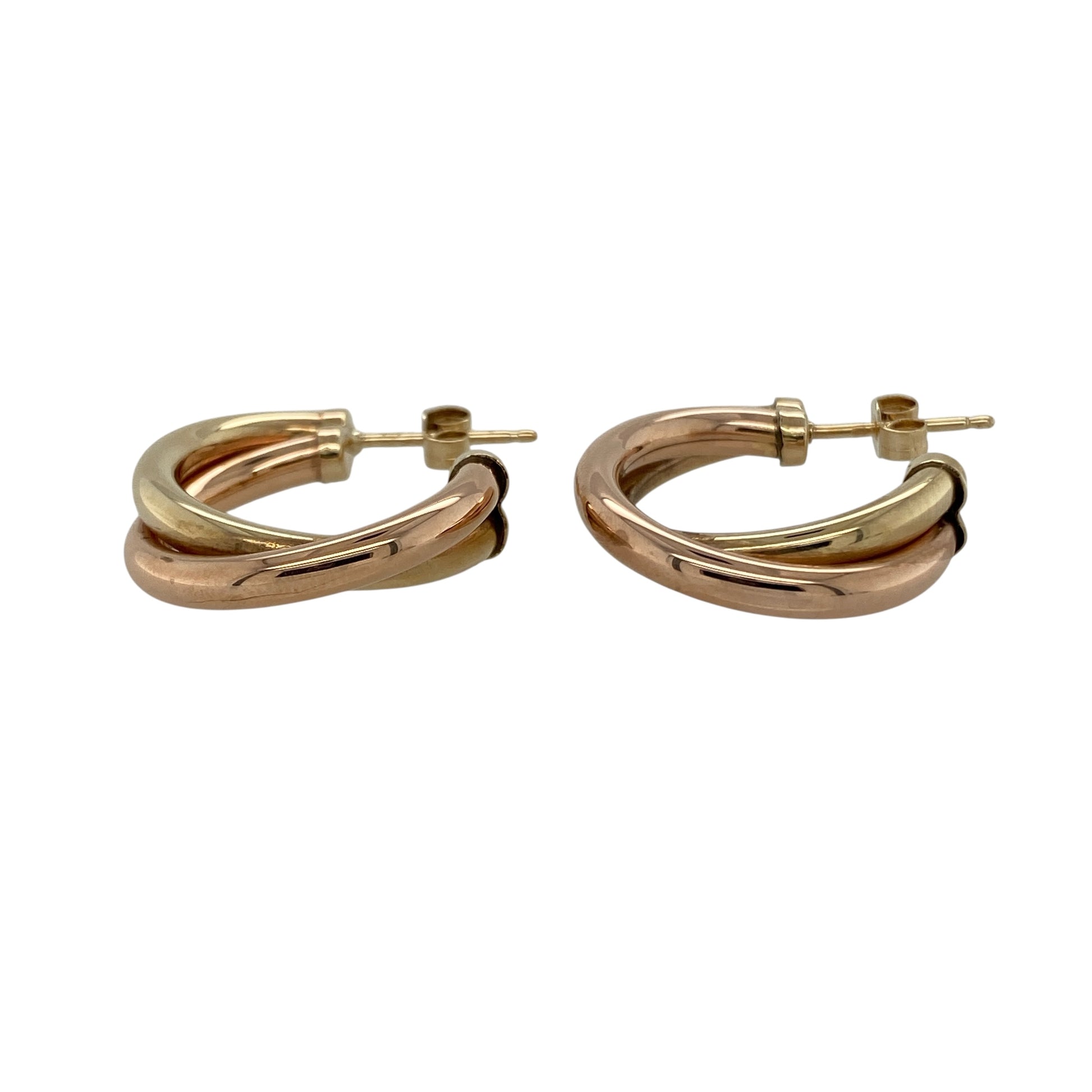 Bring two-tone elegance and refined detail to your collection with these pre-owned 9ct yellow and rose gold twisted half hoop stud earrings, a versatile pair perfect for both day and evening wear.

Design: The earrings feature a half hoop shape with a twisted design, combining yellow and rose gold for a warm and stylish contrast.
Material: Made from 9-carat yellow and rose gold, the polished surfaces enhance the intertwined tones while adding a classic glow.