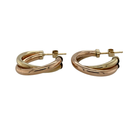 Bring two-tone elegance and refined detail to your collection with these pre-owned 9ct yellow and rose gold twisted half hoop stud earrings, a versatile pair perfect for both day and evening wear.

Design: The earrings feature a half hoop shape with a twisted design, combining yellow and rose gold for a warm and stylish contrast.
Material: Made from 9-carat yellow and rose gold, the polished surfaces enhance the intertwined tones while adding a classic glow.