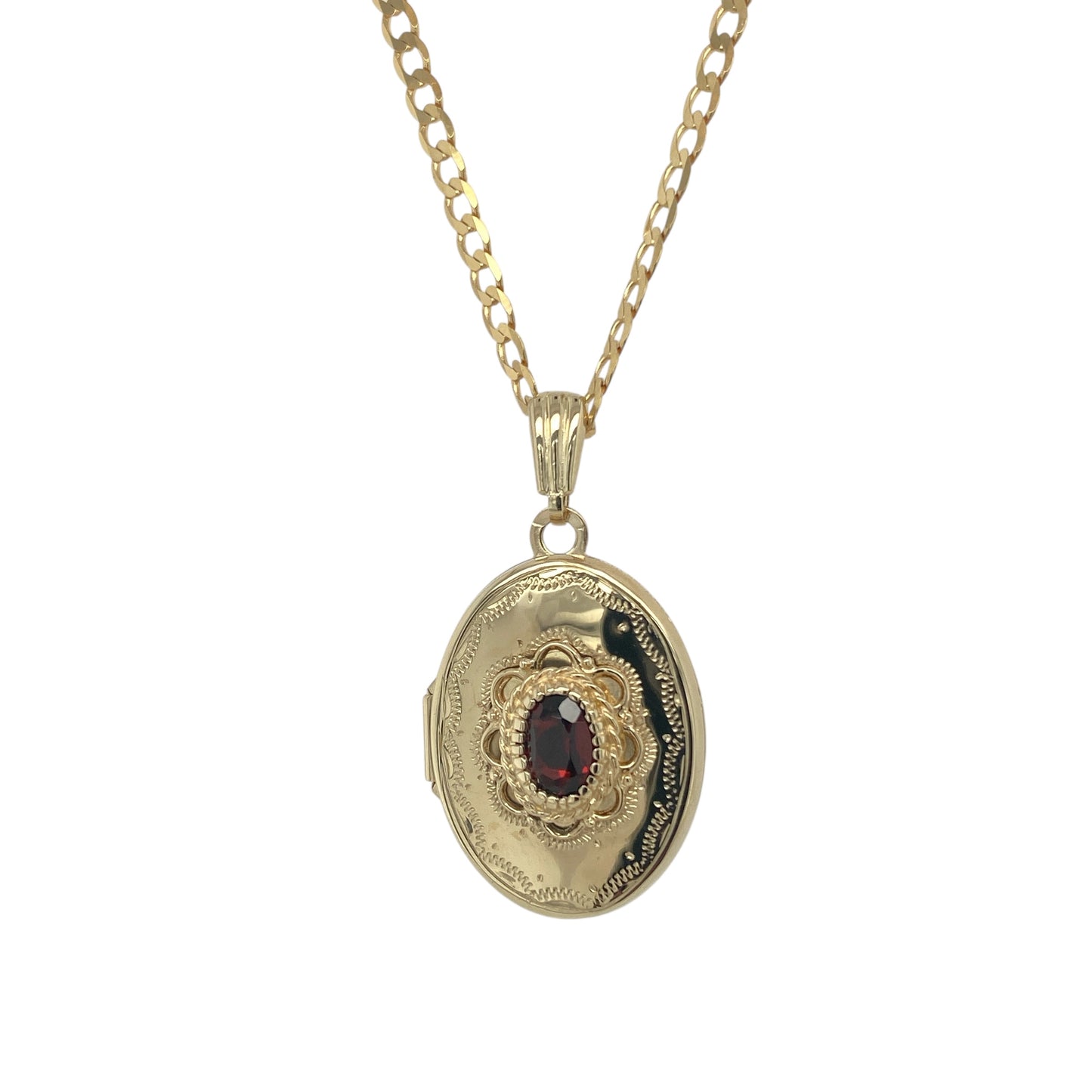 9ct Gold & Garnet Set Patterned Oval Locket 20" Necklace