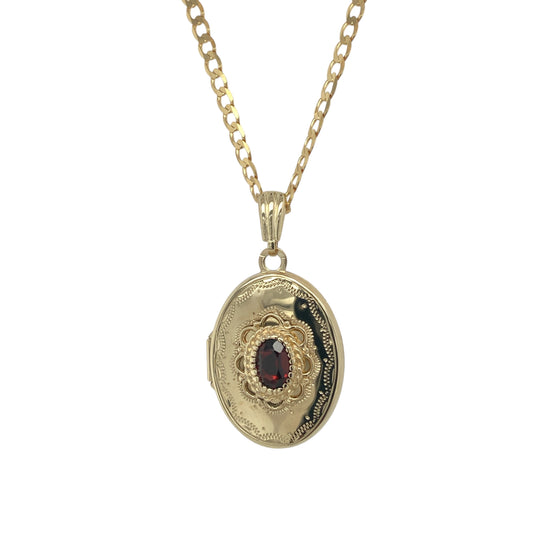 9ct Gold & Garnet Set Patterned Oval Locket 20" Necklace