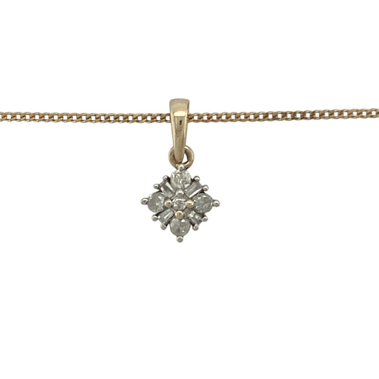 Bring refined sparkle and timeless elegance to your collection with this pre-owned 9ct yellow gold diamond cluster pendant necklace, a graceful piece perfect for everyday wear or special occasions.

Design: The pendant measures 1.5cm long including the bail and features a classic cluster design set with diamonds of approximately I1 clarity, creating a bright and eye-catching finish.