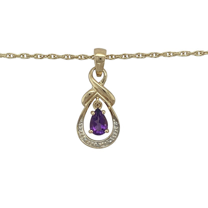 Bring refined sparkle and graceful colour to your collection with this pre-owned 9ct yellow gold diamond and amethyst pendant necklace, a timeless design perfect for both everyday wear and special occasions.

Design: The pendant measures 2.3cm long including the bail and features a hanging teardrop-shaped amethyst of 6mm by 4mm at the centre, accented with sparkling diamonds for added brilliance.