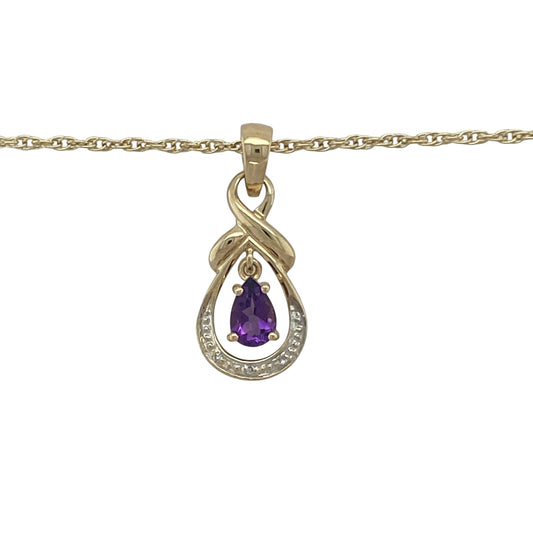 Bring refined sparkle and graceful colour to your collection with this pre-owned 9ct yellow gold diamond and amethyst pendant necklace, a timeless design perfect for both everyday wear and special occasions.

Design: The pendant measures 2.3cm long including the bail and features a hanging teardrop-shaped amethyst of 6mm by 4mm at the centre, accented with sparkling diamonds for added brilliance.