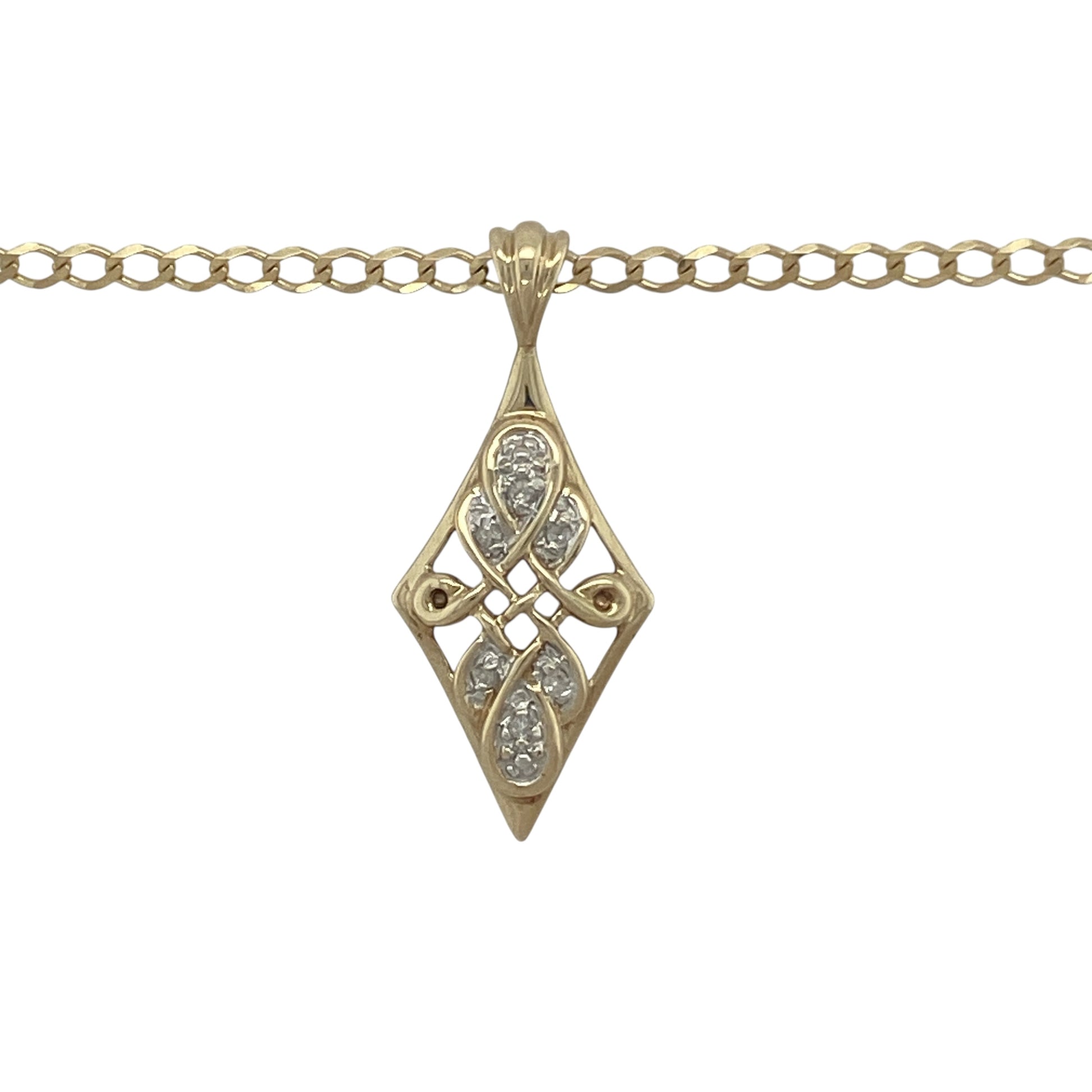 Bring symbolic elegance and timeless detail to your collection with this pre-owned 9ct yellow and white gold diamond Celtic-style pendant necklace, a meaningful design with refined sparkle.

Design: The pendant measures 3cm long including the bail and features an intricate Celtic-inspired diamond-shaped motif, accented with sparkling diamonds for added brilliance.